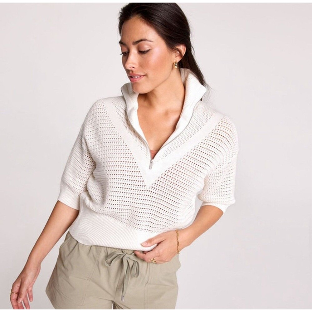 Calia Women’s Open Knit V-Neck Polo Sweater Pullover Cloud Cover White XL